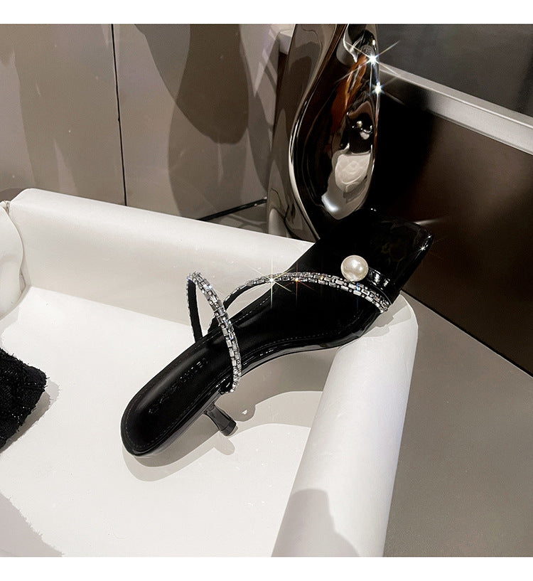 Pearl slip-on slippers with straps for outer wear, new style summer temperament rhinestone high-heeled sandals G498