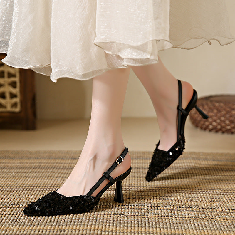 2024 summer new sequined high-heeled sandals stiletto party temperament pointed toe shoes DG052