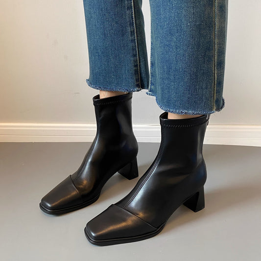 Ladies style mid-calf French ankle boots square toe thick heel boots LD397