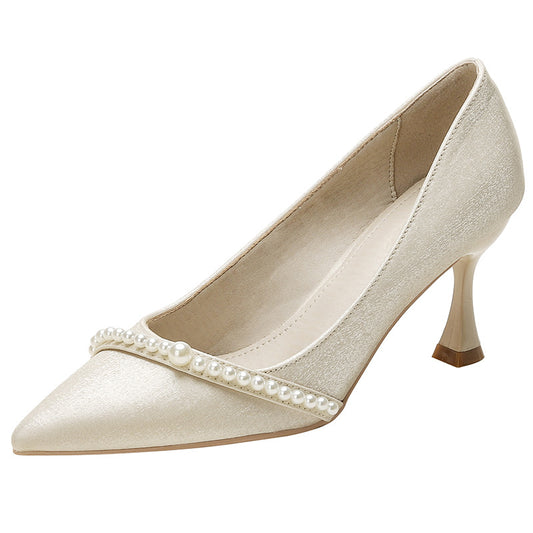 Off-white pearl high heels women's stiletto pointed shoes wedding shoes G807