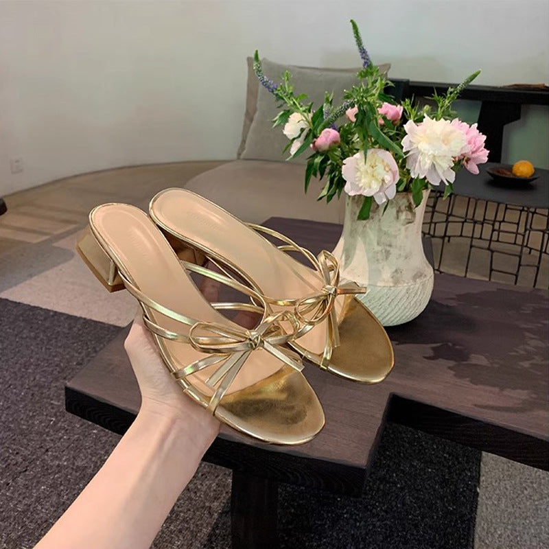 Sweet Bow Knot Versatile Small Chunk Heel Open Toe Sandals for Women's Summer Outerwear LD255