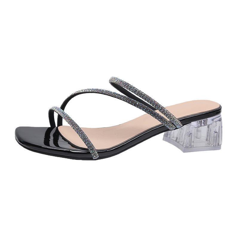 Thick heel transparent rhinestone sandals new square toe high heel slippers CH763