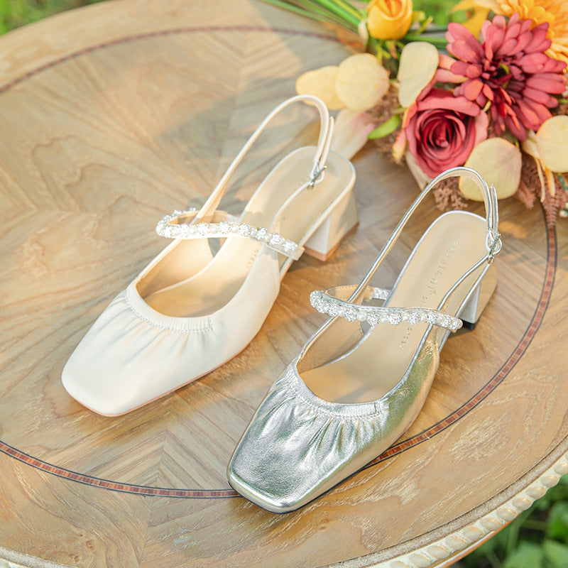 Pearl and rhinestone square toe sheepskin mid-heel sandals G686