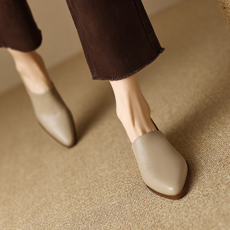 Women's mid-heeled deep-mouth shoes with thick heels and pointed toes in apricot leather Ba112