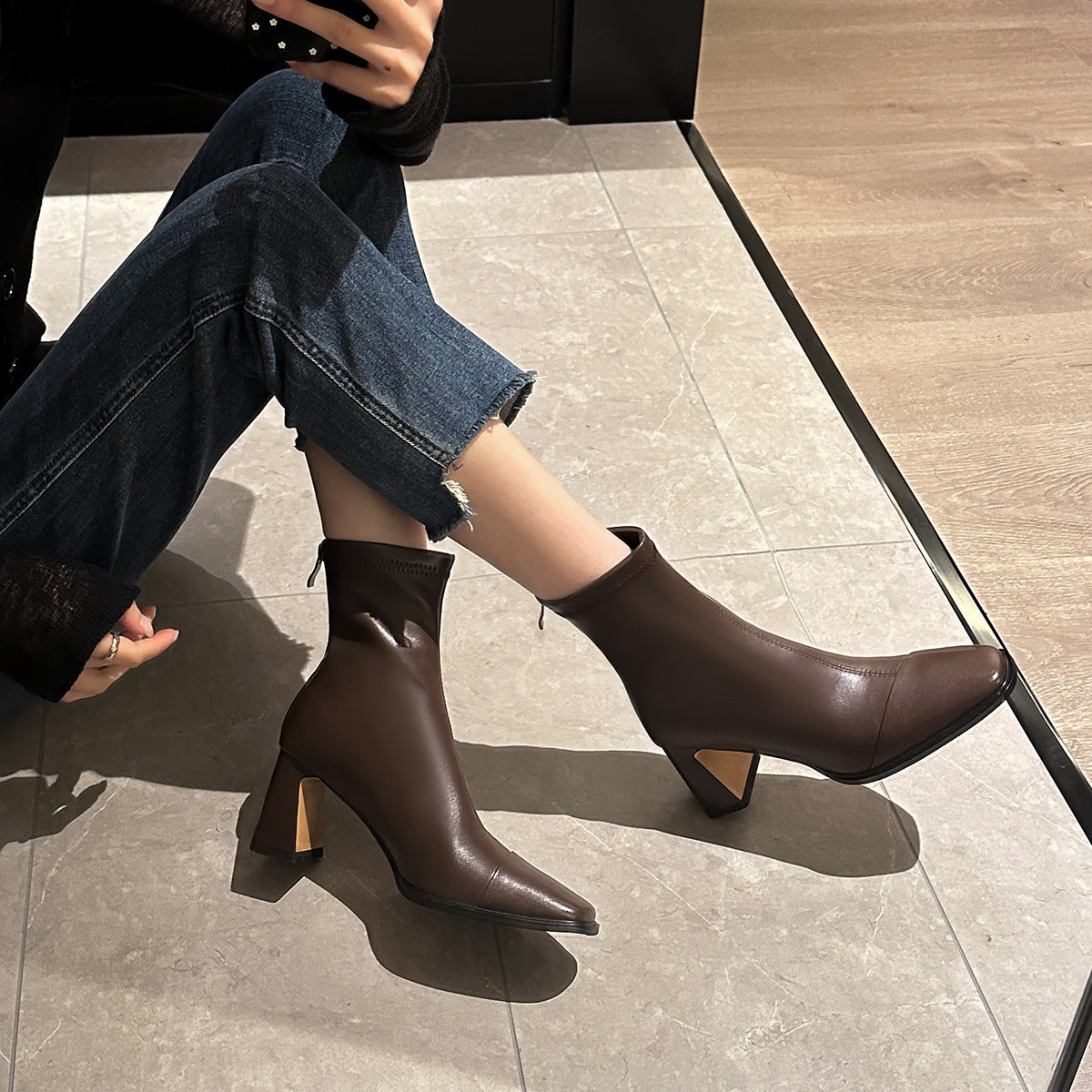 2024 new brown square toe mid-calf ankle boots LY828