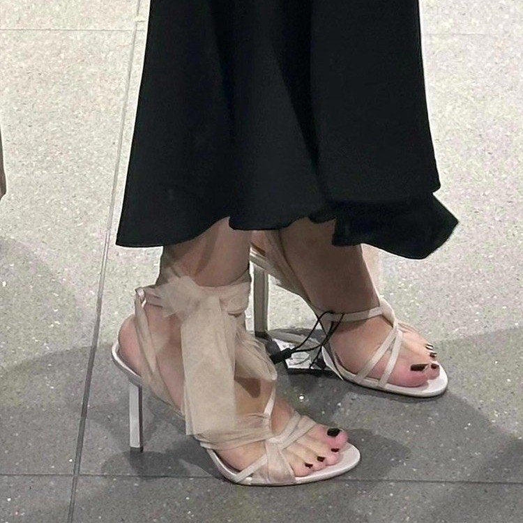 2024 summer new mesh cross strap high heels women sexy round toe stiletto sandals for women LY1054