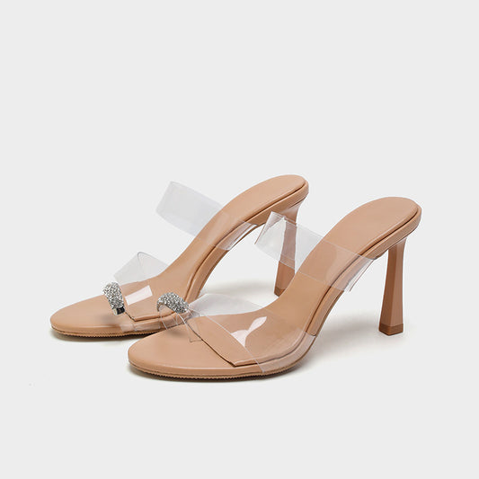 2024 Spring New Round Toe Transparent Rhinestone Buckle Slip-On Sandals V245