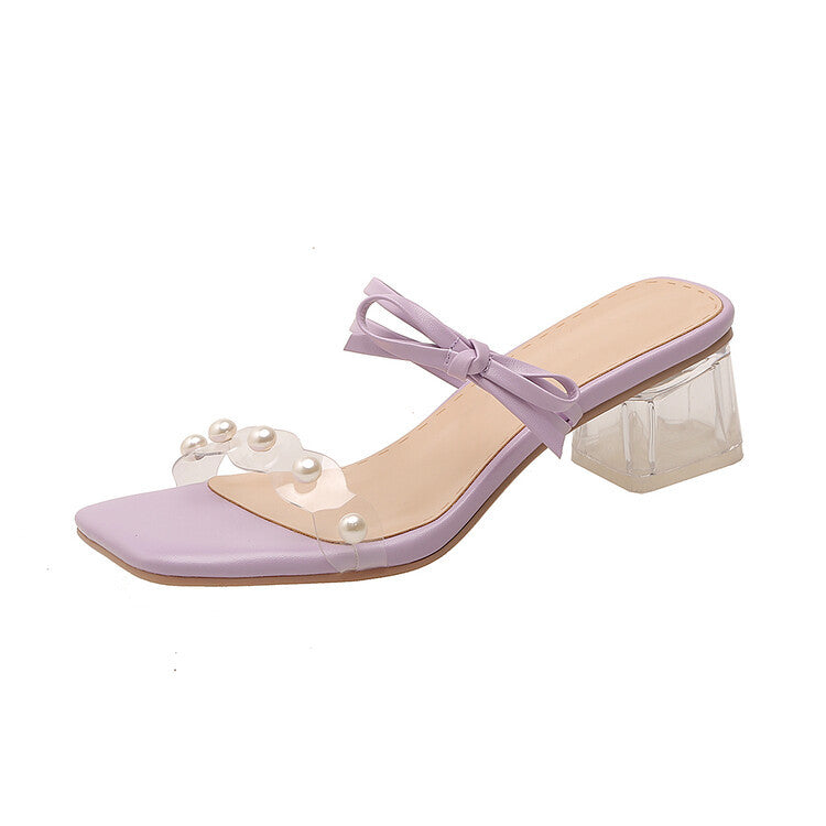 PVC pearl thin strap square head crystal heel thick heel ladies sandals large size fashion sandals LD439