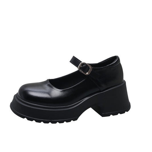 2024 new thick heel heightening buckle fashionable black leather shoes H156