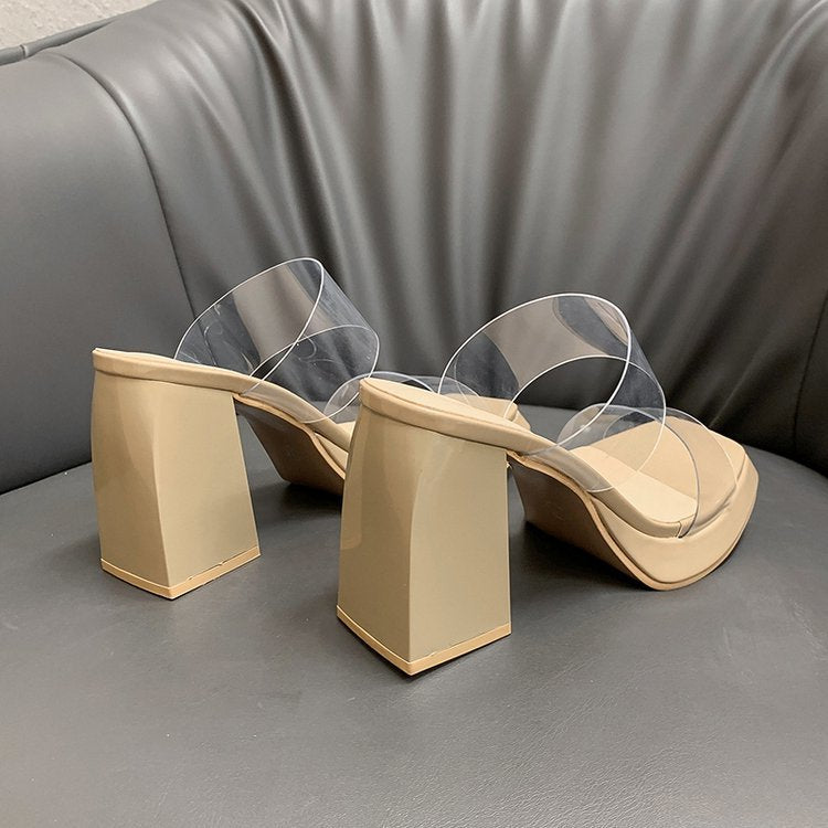 Square toe fish mouth sandals, waterproof platform thick heel women's shoes V258