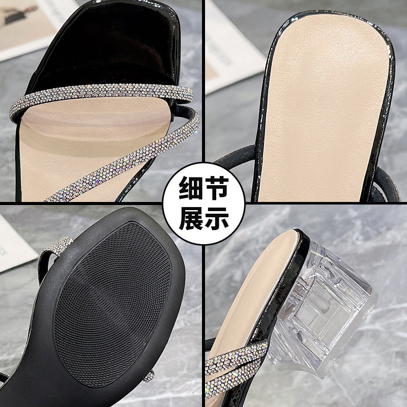 Thick heel transparent rhinestone sandals new square toe high heel slippers CH763