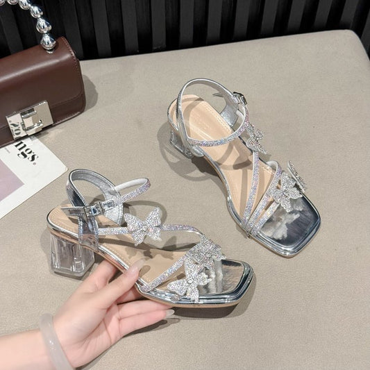 2024 Summer New Style Chunky Heel Open Toe Beautiful Bow Crystal High Heels CH807
