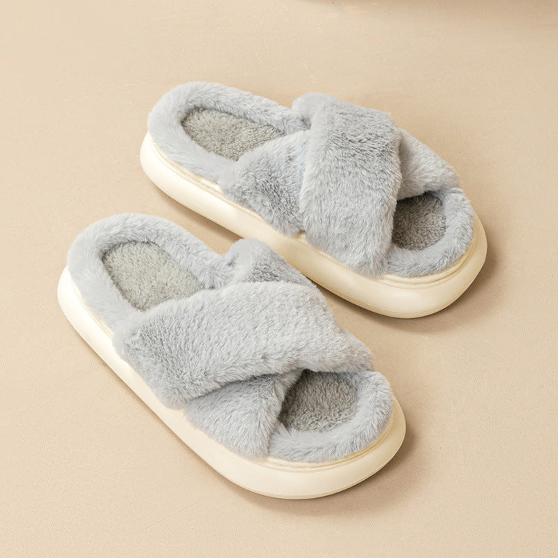 Women's autumn and winter cross strap non-slip thick sole home fur slippers H106