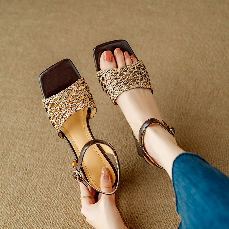 2024 Summer Square Head Thick High Heel Hand-woven Strap Fashion Women's Sandals LD296