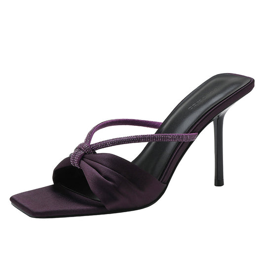 Purple satin rhinestone one-strap bow open-toe high-heeled sandals YS043