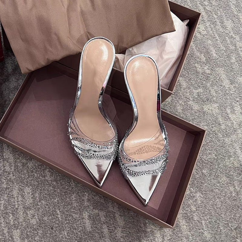 New summer open toe pointed rhinestone transparent strap high heel slippers JC098