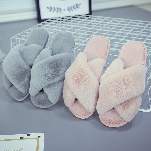 Women's cross open toe fur slippers flat cotton slippers G867