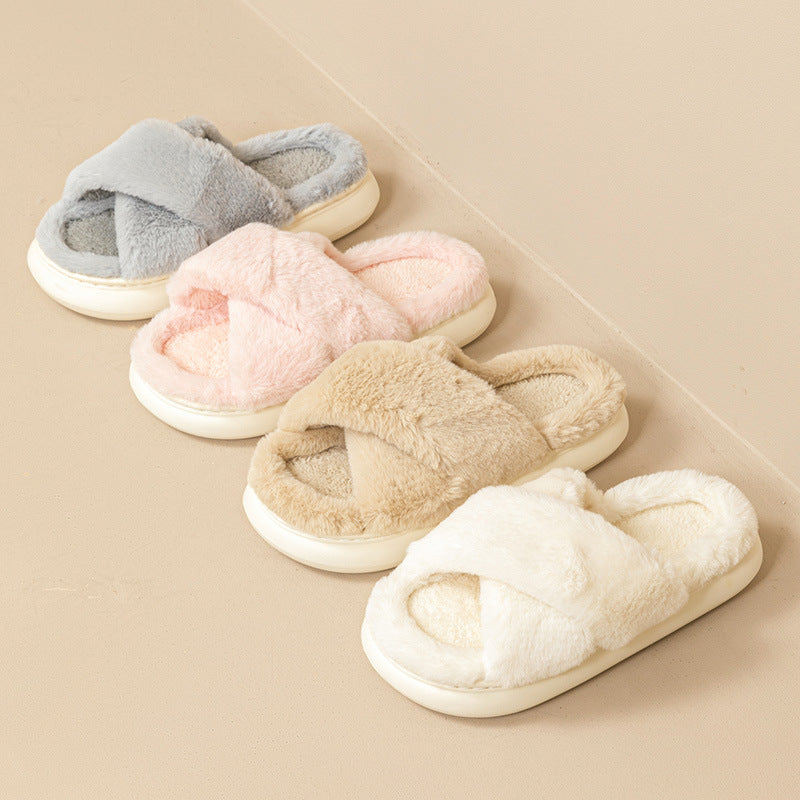 Women's autumn and winter cross strap non-slip thick sole home fur slippers H106