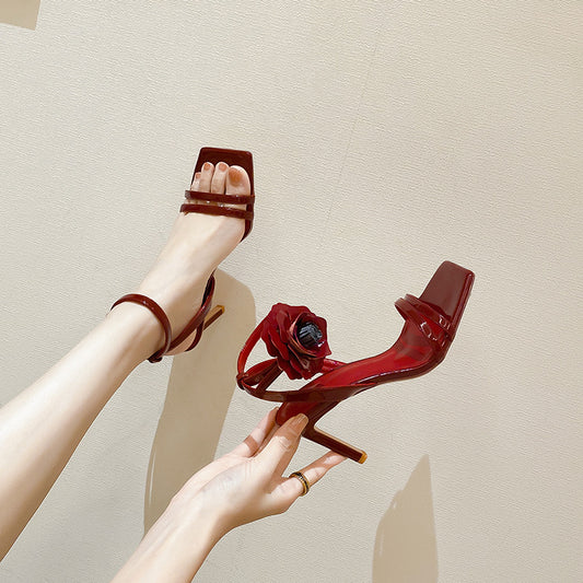 High Quality Patent Leather Floral Open Toe High Heel Sandals LD379