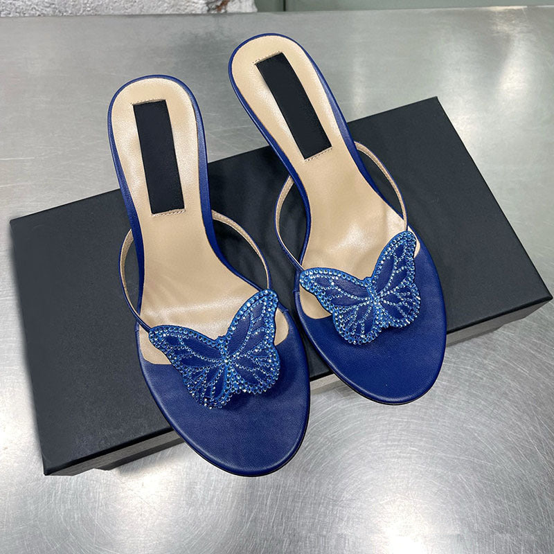 Summer butterfly thong high heel slippers with rhinestone applique inlay on the upper V222