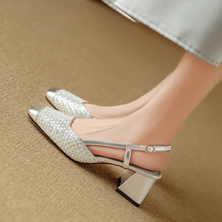 2024 summer new square head cap toe thick heel silver sweet style women's high heel sandals G986