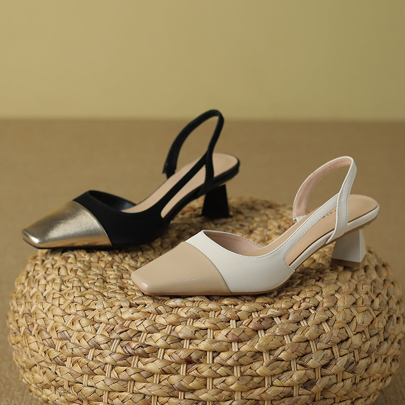 Color-blocked sheepskin toe-cap sandals for women, square-toe chunky heels, elegant high-heeled shoes G965