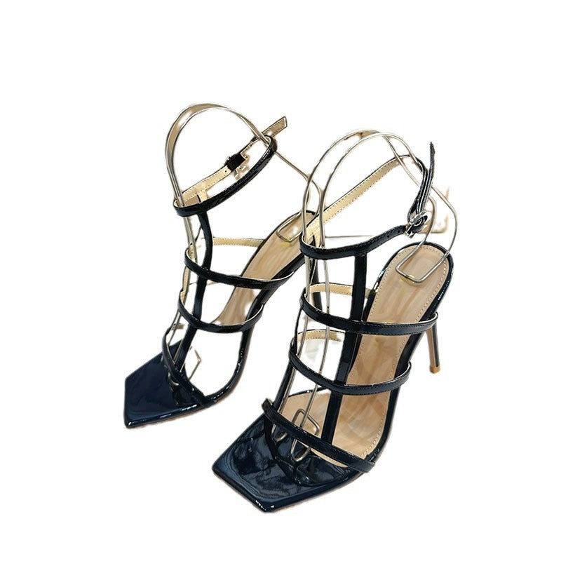 2024 summer new patent leather shiny square toe sexy stiletto buckle high heel sandals YS006