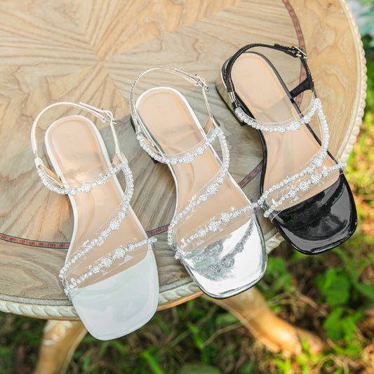 Square head diamond one-strap high heel thick heel sandals open toe fairy style summer Lin014