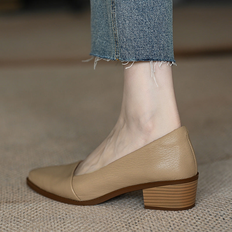 New style genuine leather pointed toe shallow mouth stitching leather low heel shoes CH796