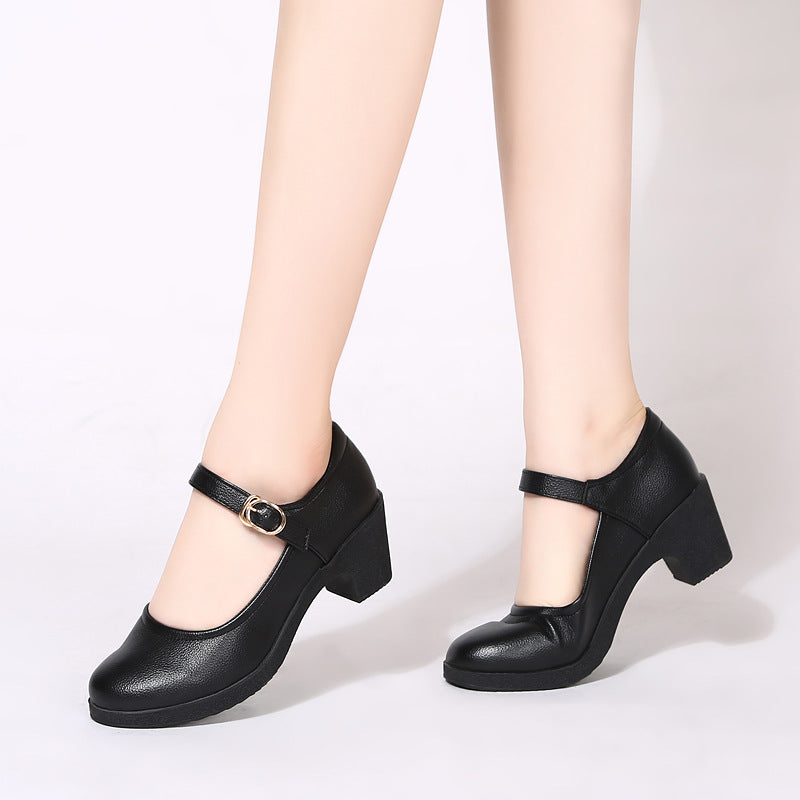 Thick heel buckle cowhide sole mid-heel round toe shallow mouth comfortable shoes CH724