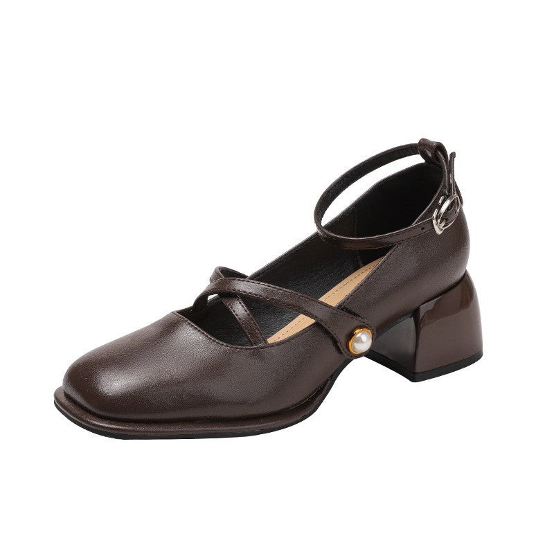 2024 Spring new square toe thick heel shallow mouth one-strap Chanel style retro shoes LY1095