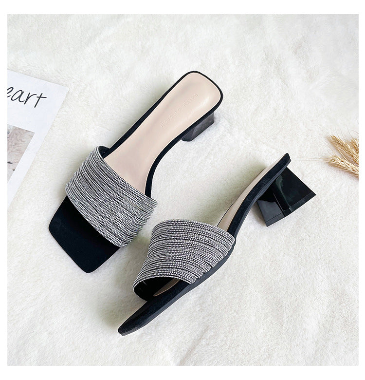 Square toe rhinestone women's sandals, new high-heeled sandals and slippers, comfortable outer shoes LD351