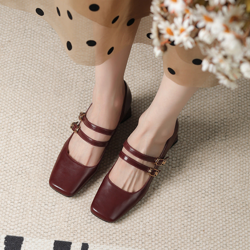 Oil-tanned leather square toe women's thick heel one-strap shallow-mouth single shoes all-match high heels LD315