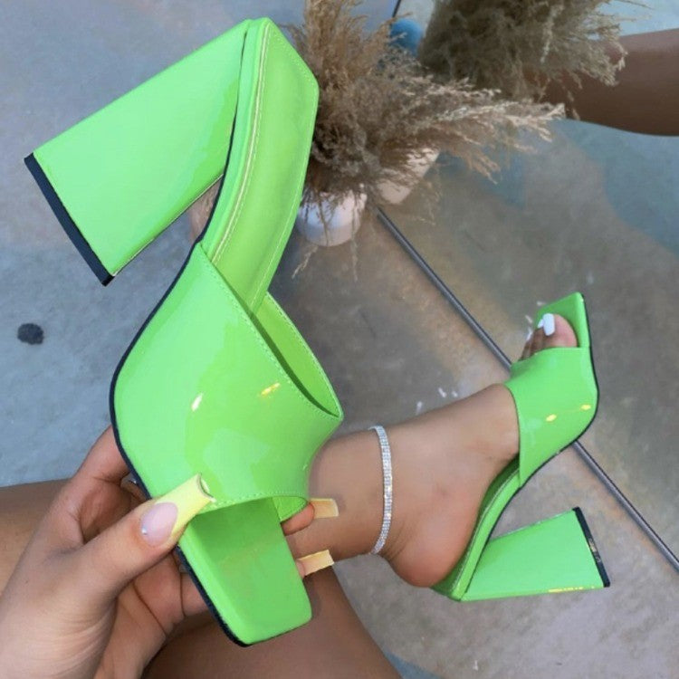 Summer square toe triangle heel thick high heel slippers LY966
