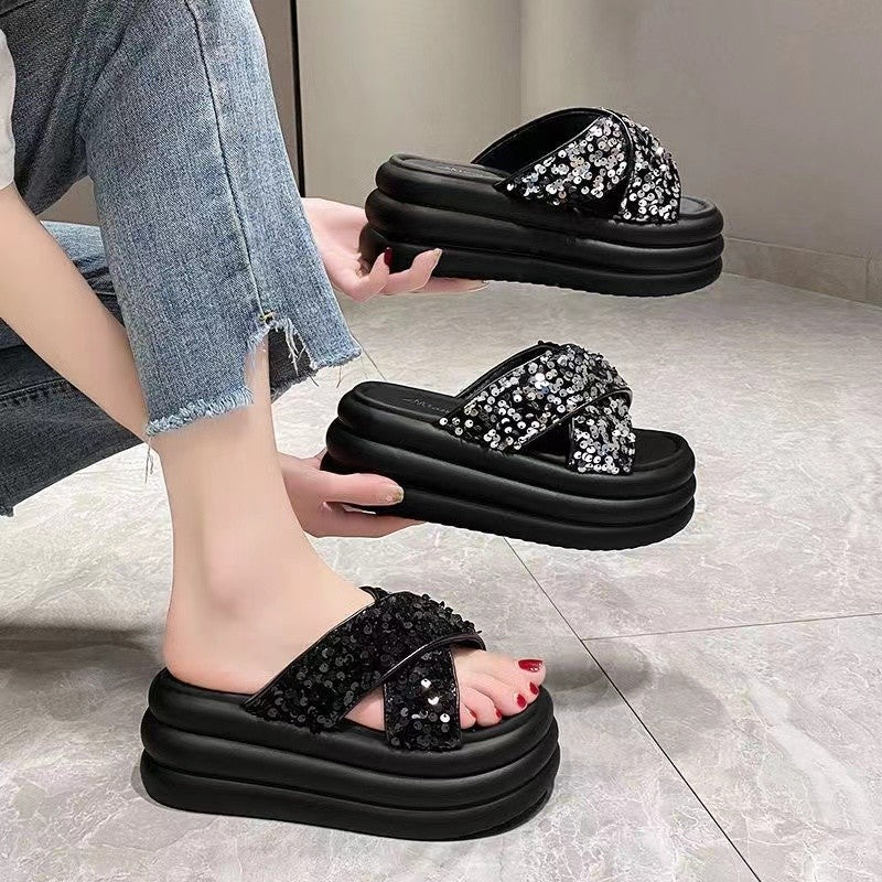Round-toe thick-soled half-drag exquisite sequined sandals LD239