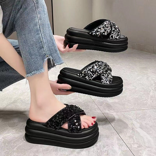 Round-toe thick-soled half-drag exquisite sequined sandals LD239