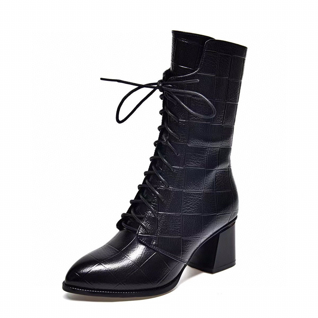 New autumn and winter black embossed leather thick heel lace-up pointed leather high heel boots Di612