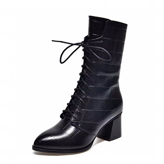 New autumn and winter black embossed leather thick heel lace-up pointed leather high heel boots Di612