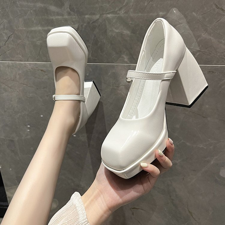 Summer new square toe shallow buckle thick heel high heel leather shoes PR115