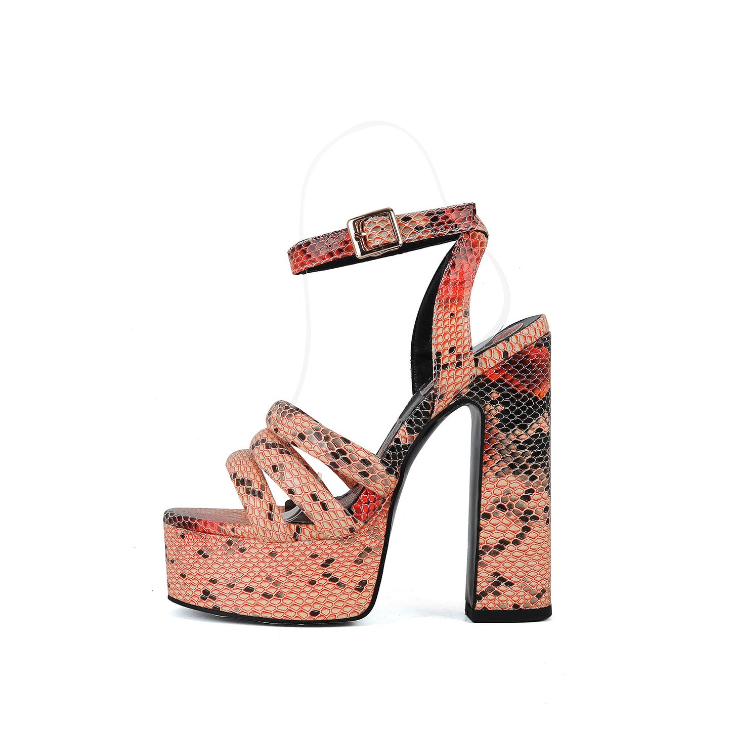 New style round toe buckle strap open toe snake print thick heel large size sandals for women Di506