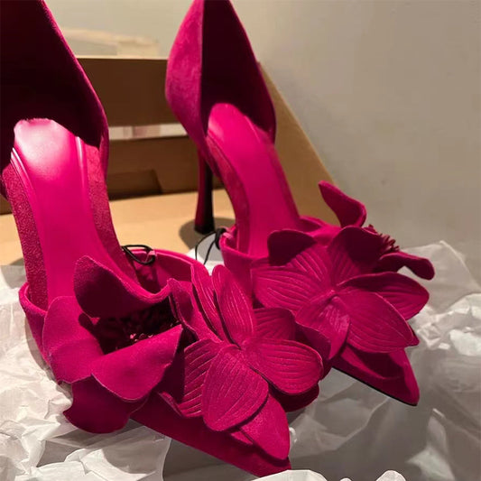 Rose red flower decorated high heels sexy French style slip-on stiletto pointed sandals LD295
