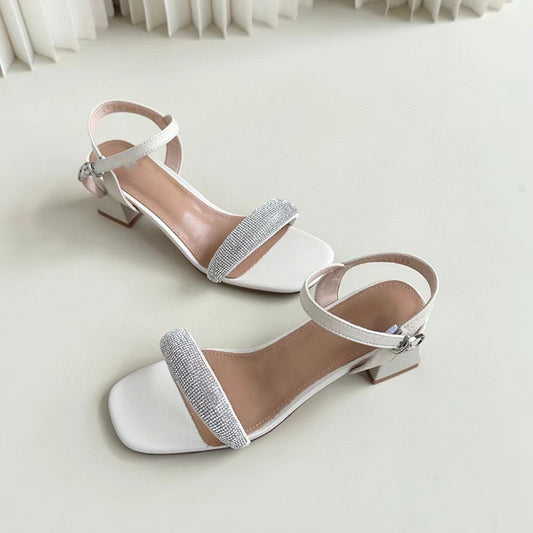 2024 New Sheepskin Rhinestone Strap Thick Heel Open Toe Women's Sandals G937