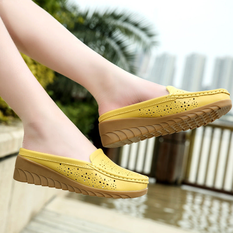 New style genuine leather thick-soled wedge heel half-covered hollow soft-soled slippers G841