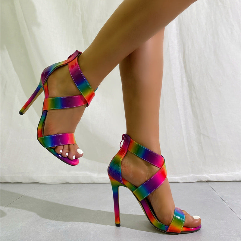 Rainbow High Heels 2024 Summer New Cross Strap Fashion Stiletto Color Block High Heel Sandals LD133