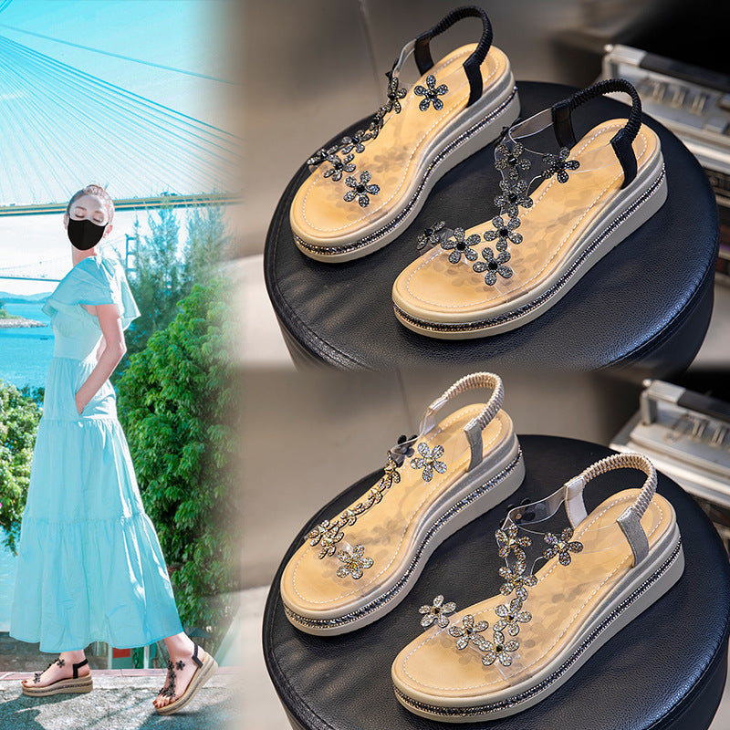 Rhinestone flat sandals 2024 new women's shoes summer versatile heightening thick-soled women's beach sandals H119