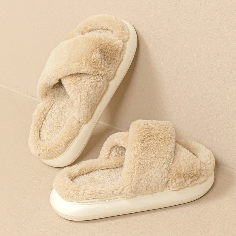 Women's autumn and winter cross strap non-slip thick sole home fur slippers H106