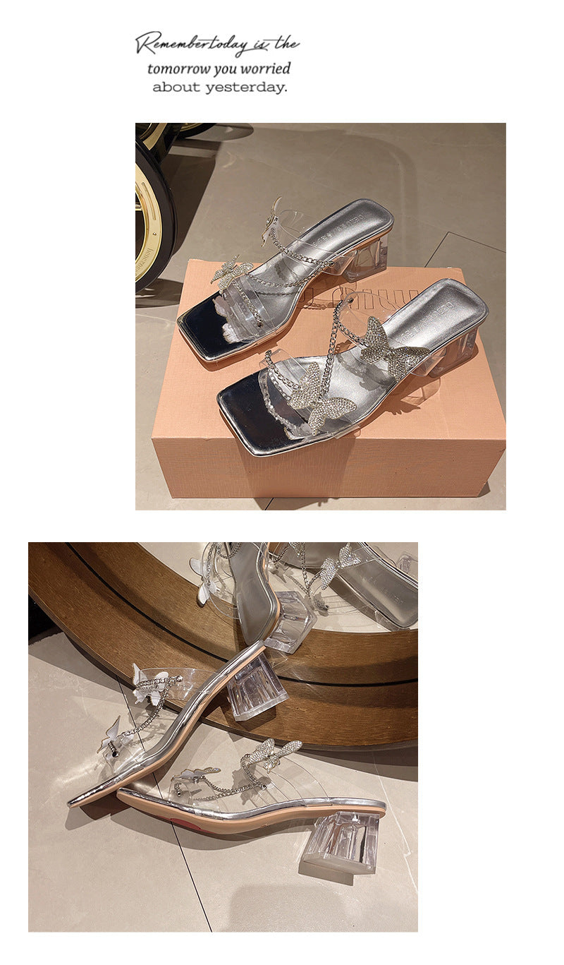 Summer bow rhinestone thick heel transparent silver high heel sandals H147
