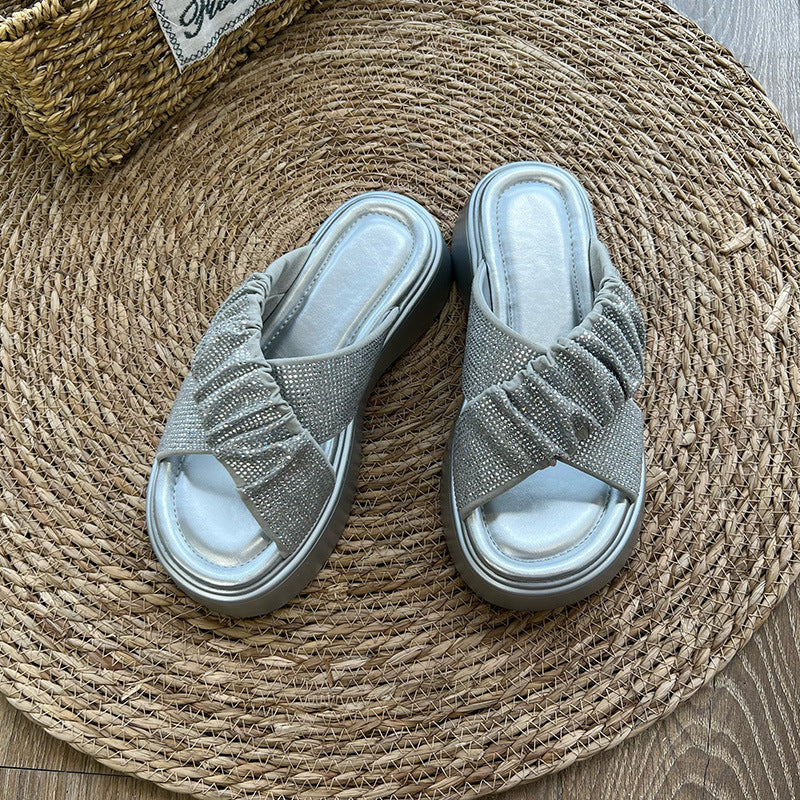 2024 summer new rhinestone beach slippers casual fashion half-slip thick-soled women's shoes LD434