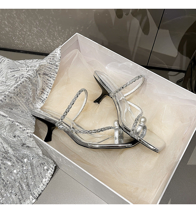 Pearl slip-on slippers with straps for outer wear, new style summer temperament rhinestone high-heeled sandals G498