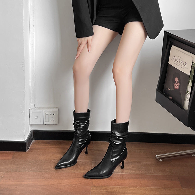 2024 autumn and winter retro black pointed new high-heeled mid-tube stacked boots CH826